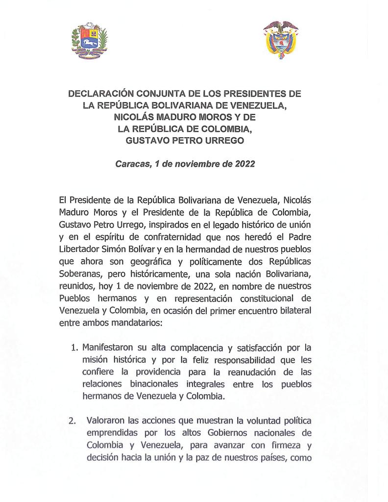 petrogustavo's tweet photo. Declaración conjunta de los presidentes de la República Bolivariana de Venezuela y de la República de Colombia. https://t.co/e7v28xpJkG