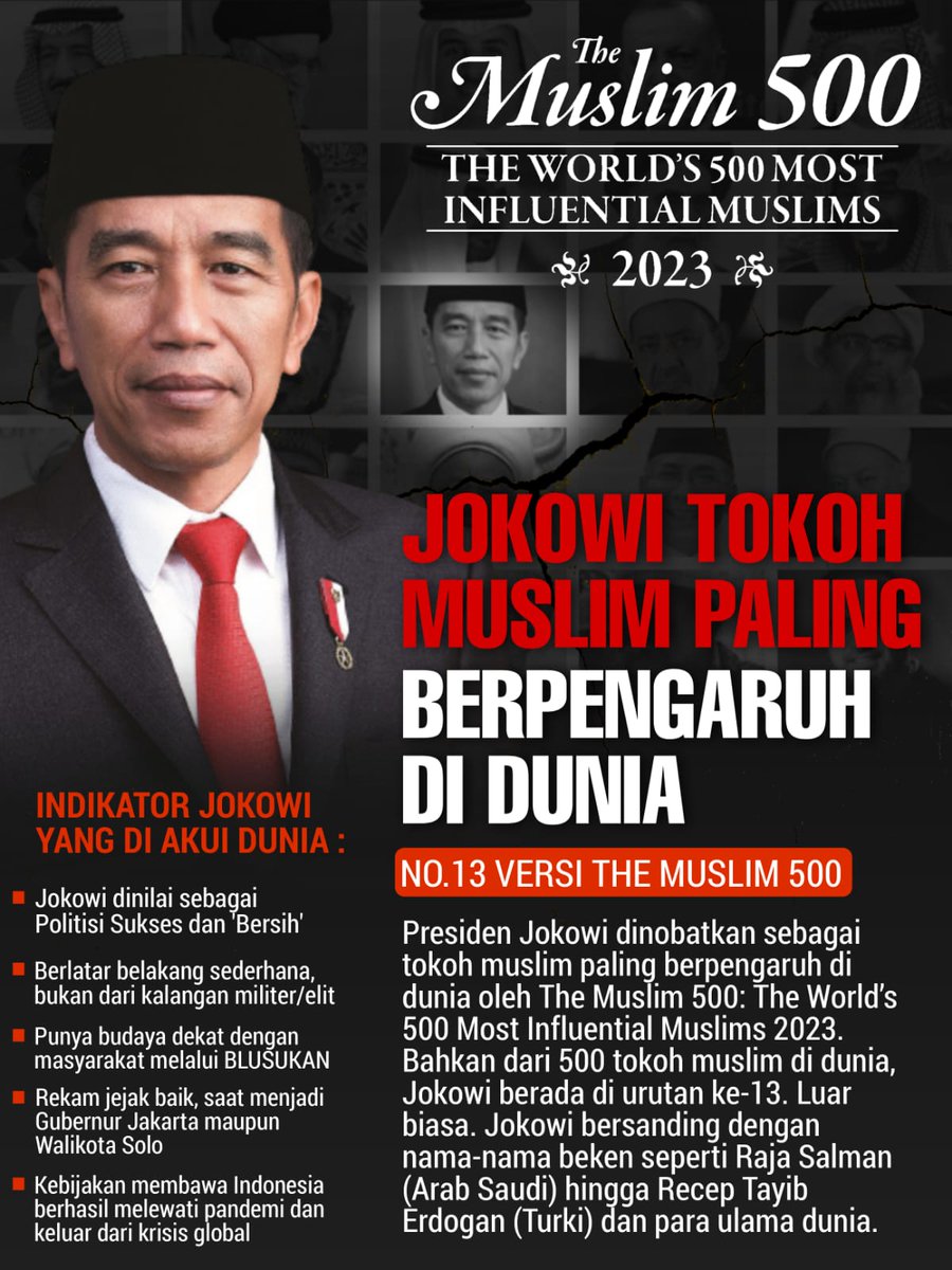 Gelar tokoh muslim paling berpengaruh dunia ini diberikan oleh The Rpyal Islamic Strategic Studies Centre(RISSC)
Jokowi Peduli Umat

#TokohMuslim