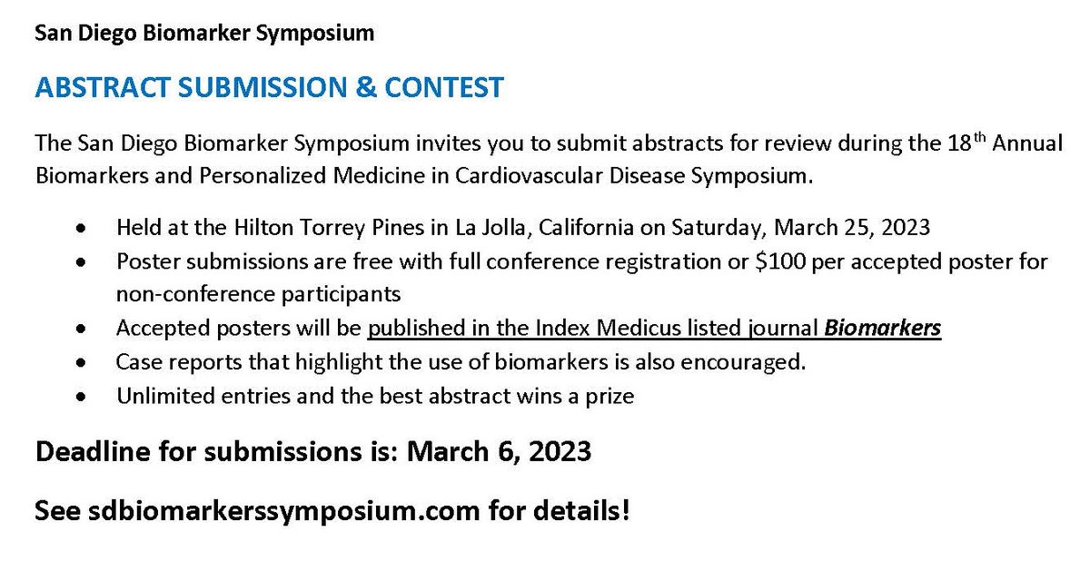 UCSD Biomarker Symposium (@biomarkersymp) on Twitter photo New this year at the San Diego Biomarker Symposium: Abstract and Poster Competition! Submit your abstract or case report, then enjoy the evening poster session after the conference. SDBIOMARKERSSYMPOSIUM.COM for details and full agenda, coming soon! <a href="/loridanielsmd/">Lori Daniels</a> <a href="/alan_maisel/">Alanmaisel</a> New this year at the San Diego Biomarker Symposium: Abstract and Poster Competition! Submit your abstract or case report, then enjoy the evening poster session after the conference. SDBIOMARKERSSYMPOSIUM.COM for details and full agenda, coming soon! <a href="/loridanielsmd/">Lori Daniels</a> <a href="/alan_maisel/">Alanmaisel</a>
