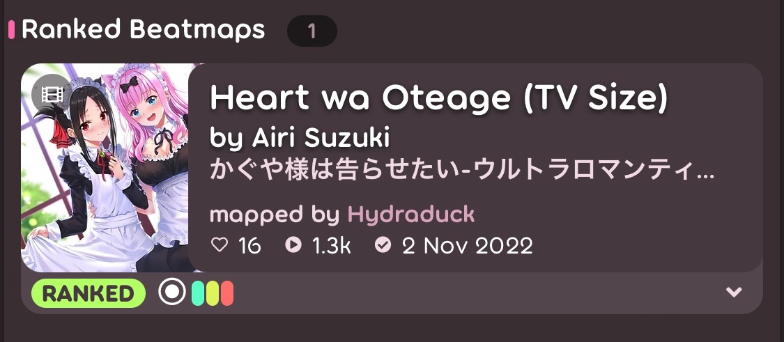 #1 Ranked!!
 
Big thanks to <a href="/osuplayer111/">Andrea</a> and <a href="/Flask6859/">Flask</a> for the nominations!

I also want to say a special thank you to everyone who has helped/supported my mapping journey, espically @kirishimaosu <a href="/solid_504/">Solid</a>  and <a href="/op45667/">op45667</a> <3

osu.ppy.sh/beatmapsets/18…