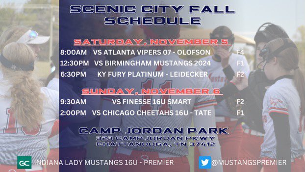 Headed to Chattanooga for Scenic City this weekend! Can’t wait to compete against these great teams! We’d love to see you at a game! <a href="/MustangsPremier/">16U Indiana Mustangs - Premier</a> <a href="/MU_SpartanSB/">Manchester University Softball</a> <a href="/SaraEmerich/">Coach Emerich</a> <a href="/IndWesSoftball/">IWU Softball</a> <a href="/CoachBabs11/">Steve Babinski</a> <a href="/USISOFTBALL/">USI SOFTBALL</a> <a href="/kunkle18/">Sue Kunkle</a> <a href="/IndianaSBLive/">Indiana Softball Live</a>
