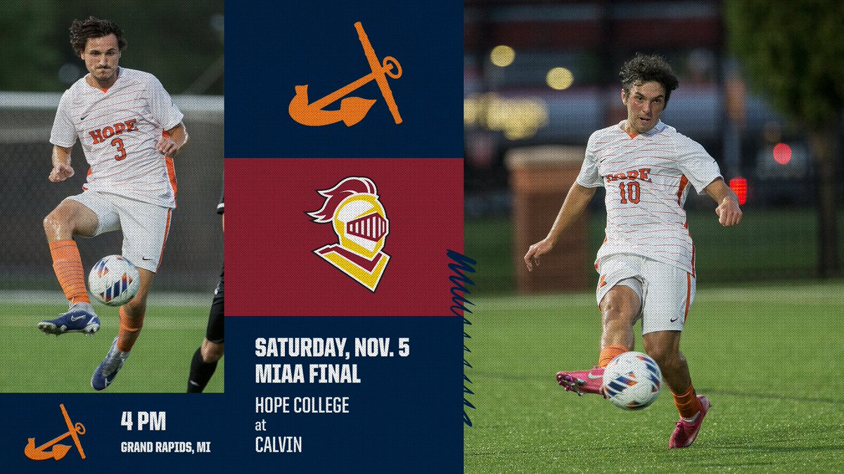 HopeAthletics's tweet photo. Hope College will travel to Calvin University on Saturday, Nov. 5, for a 4 p.m. MIAA Men's Soccer Tournament final. The winner receives the league's automatic berth in the NCAA Division III Tournament. #StrongandTrue #d3soccer

🎟️ https://t.co/8y5GbYnbNt https://t.co/vPlrbj90s1