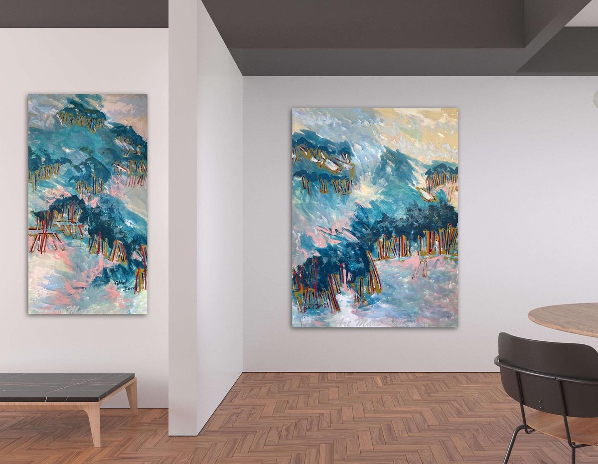 ArtMarxGallery's tweet photo. The best thing about diptychs is that you get 2 for 1! You can have them near each other, together or further apart to continue the experience.

This is ‘Forest’ by Gladys Dove, a senior Perth abstract artist.

It reminds me of the snow, forests and mountains of Japan. 
What does https://t.co/YRTk1BB5zu