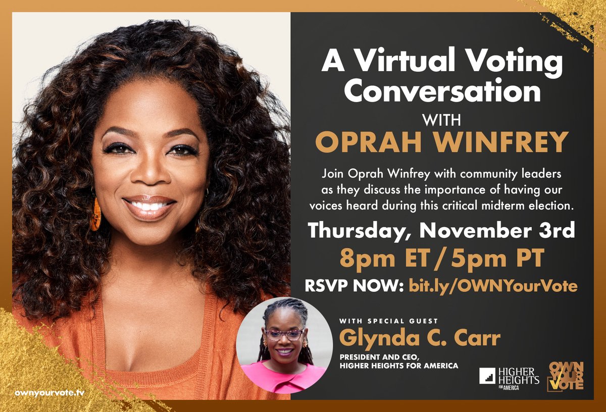 HigherHeights's tweet photo. Join Team Higher Heights and our president &amp; CEO, @glyndacarr, on Thursday at 8pm ET for a town hall with Oprah Winfrey and community leaders.  Our work is not finished so we must GET OUT &amp; VOTE!  RSVP at https://t.co/KclCn0VlAe 
#BlackWomenVote https://t.co/GlaW3bkmzk