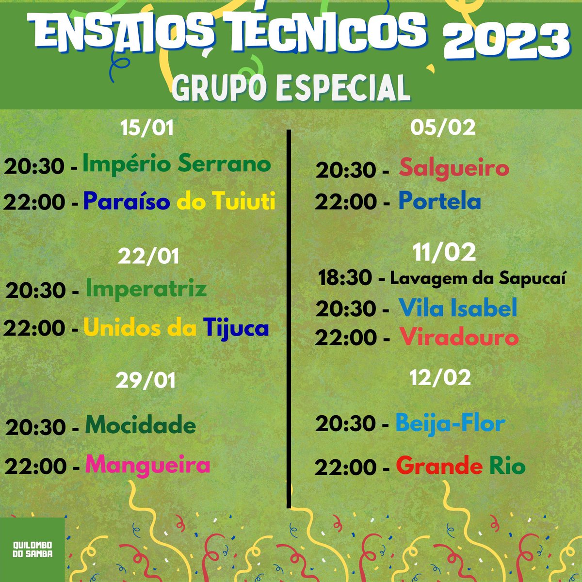 As datas para os ensaios técnicos do grupo especial do RJ  foram definidas.
Salva aí pra não perder a festa .
#carnaval2023 #EnsaioTécnico2023 #QuilombodoSamba