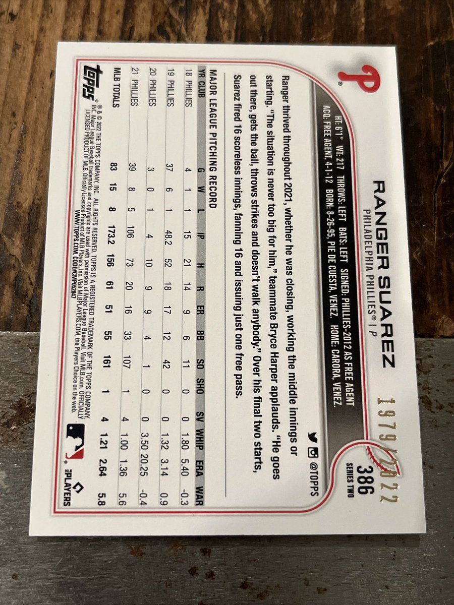 EricStangel's tweet image. Just opened a 2022 Topps Series 2 pack and pulled a Ranger Suarez Gold /2022. Figured it should go to a Phillies fan. RT this and after 50 rts, I’ll give it away to a random RTer.