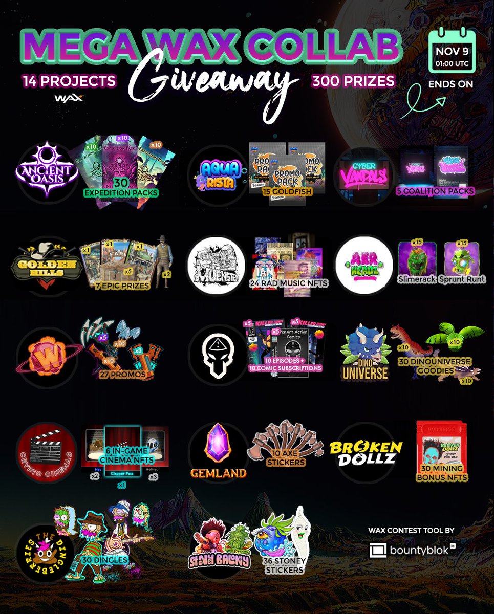 MEGA <a href="/WAX_io/">WAX</a> #NFTGiveaways 
learn about new projects in #NFTCommunity 
&amp; win incredible prizes! 

🌟14 Amazing Projects
💎300 #NFT Prizes 
🔥Follow &amp; Join 2 Enter
👉wax.contest.bountyblok.io/contest/305cb8…

#NFTArts #WAXNFT #NFTGiveaways #NFTshill 
<a href="/AtomicHub/">AtomicHub</a> <a href="/neftyblocks/">NeftyBlocks</a> <a href="/bountyblok/">bountyblok</a> <a href="/opensea/">OpenSea</a>