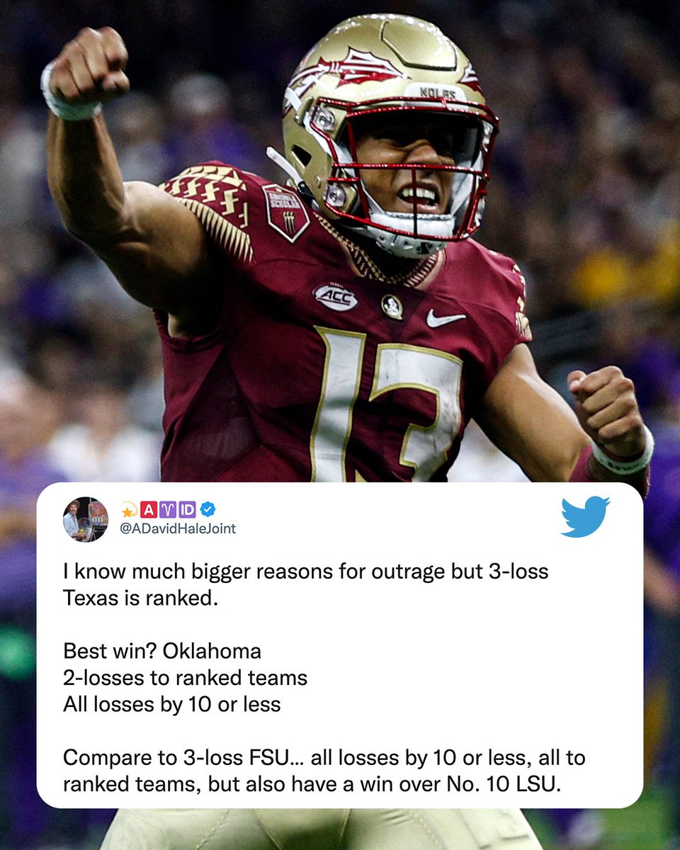 Were the Seminoles snubbed in this week's #CFBPlayoff rankings? 🤔 (h/t @ADavidHaleJoint)
