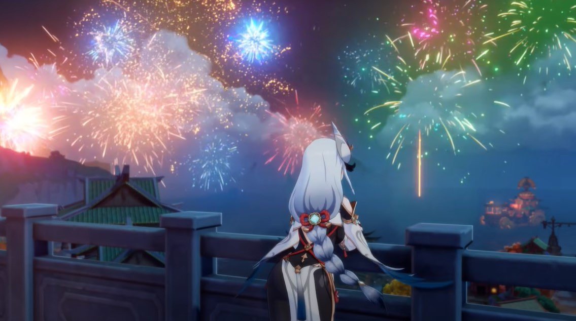 shenhedailys's tweet photo. shenhe watching the fireworks knowing that she’s one of the rarest genshin characters https://t.co/ISkeuXvqxI