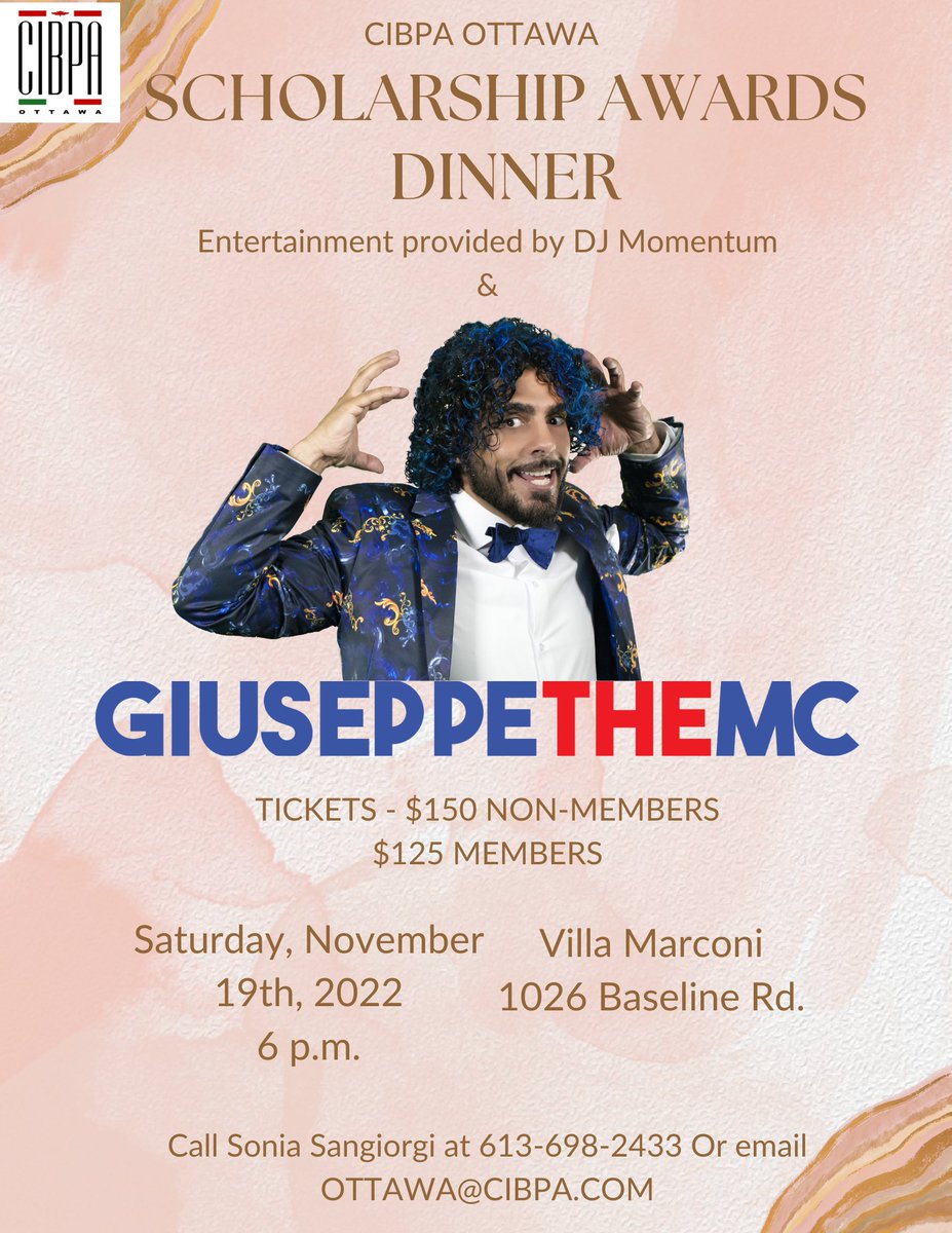 Come Join us for our CIBPA Ottawa Scholarship Event. We are proud to announce 📣 <a href="/giuseppethemc/">GIUSEPPETHEMC</a> will be hosting and performing on November 19,2022. Tickets are limited so get them now. Hope to see you there.