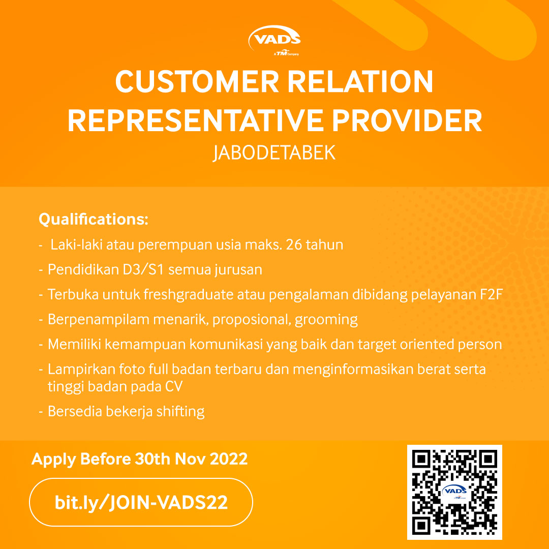 VADSID's tweet photo. 📢 Perhatian kepada Job Seekers! 

VADS Indonesia kini sedang membuka lowongan kerja untuk wilayah JABODETABEK, Pulau Jawa dan Luar Pulau Jawa. Bagi yang memenuhi persyaratan, segera submit lamaran ke form/email yang tertera sebelum tanggal 30 November 2022. 

(1/4) https://t.co/FkeA7h2rpT