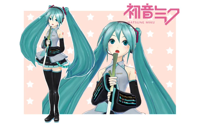 Finally, I added a pair of cat ears and black gloves to the model. The former is directly borrowed from 6666AP's Cat Miku, and the gloves are inspired by ISAO style Miku! I think they're pretty stylish, and add just a bit of tomboy-ish flare to Miku. 
