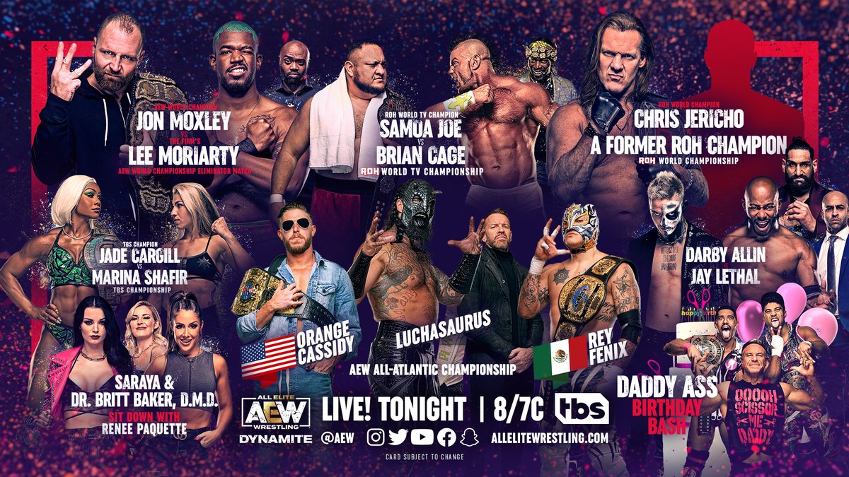 Watch #AEWDynamite TONIGHT LIVE from Baltimore, at 8pm ET/7pm CT on @TBSNetwork!