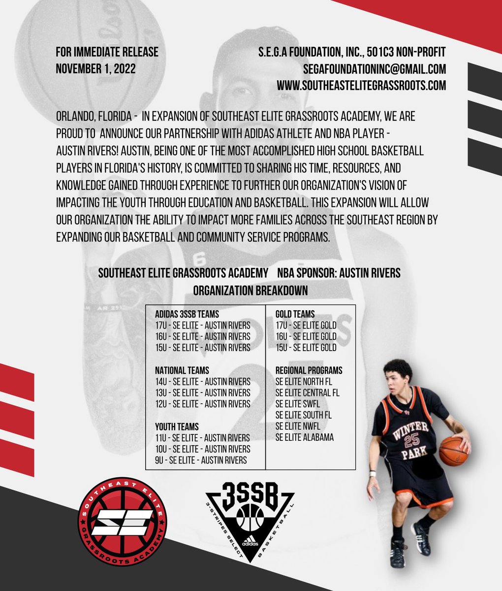 📣 ANNOUNCEMENT 📣 

Southeast Elite ❌ Austin Rivers 

Our mission objectives remains the same...Push the envelope. Stay consistent. Serve our communities.

#SoutheastElite #AustinRivers #adidasBasketball #adidas3SSB