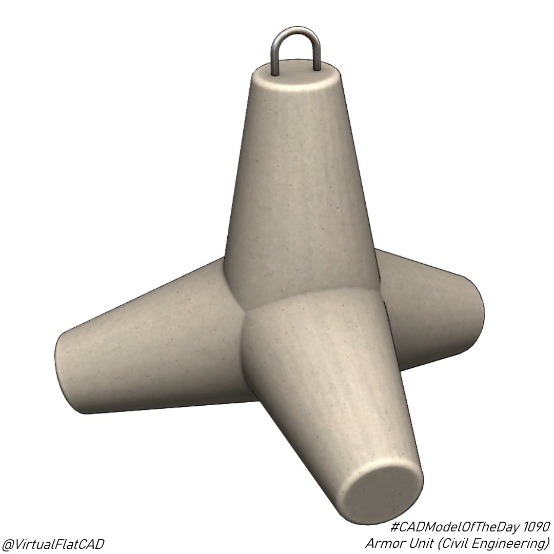 An armor unit like this can be mass produced and placed along a coastline, where they interlock and provide structural defense against hurricanes and other storms. There are many shapes of armor! #CADModelOfTheDay 1090.
.
.
#cad #3d #3dmodeling #solidworks #challenge #everyday