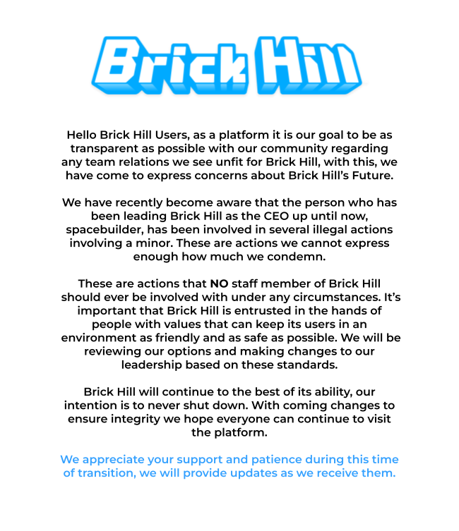 Brick Hill on X: Brick Hill's Updates stream is live next Saturday! Make  sure to tune in for information on what's coming to Brick Hill including  site updates, new merchandise, client news