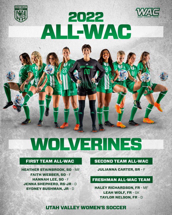 UVUwsoc's tweet photo. Round of applause for our ALL-WAC team!!🤩💚

#GoUVU #UVU #ProtectTheDen #WAC #NCAA #D1 #soccer #soccergirls #gametime #utah #college #athlete #explore #sports #athlete #bleedgreen #provo #orem #adidas #goal https://t.co/KD2yniJSg8