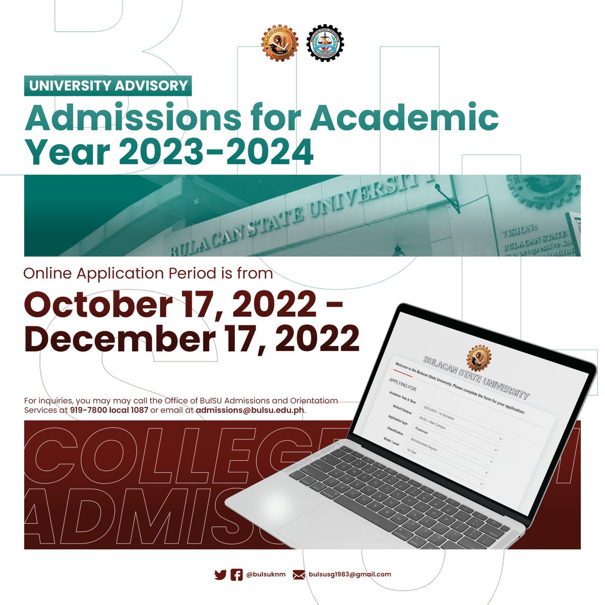 bulsusg1983's tweet photo. 𝐏𝐀𝐁𝐀𝐓𝐈𝐃 | Admissions for Academic Year 2023-2024 

Binuksan nang muli ng Bulacan State University ang ONLINE APPLICATION para sa mga freshmen students sa Taong Panuruan 2023-2024.

Narito ang link para sa iba pang mga detalye: 

https://t.co/AIklfJlpA3 https://t.co/VdXJzDLwe7