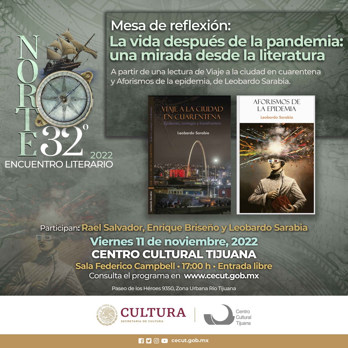 cecut_mx's tweet photo. Prepárate para disfrutar del #Norte32° Encuentro Literario 2022 📚👇
#MesaDeReflexión
«La vida después de la pandemia: una mirada desde la #Literatura»
🗓11 de noviembre
⚓️Sala Federico Campbell
⏰️17 h
Entrada libre
📌#Agéndalo
Consulta el programa⤵️
https://t.co/H6HkC3ruI1 https://t.co/dyRVKmWTnd