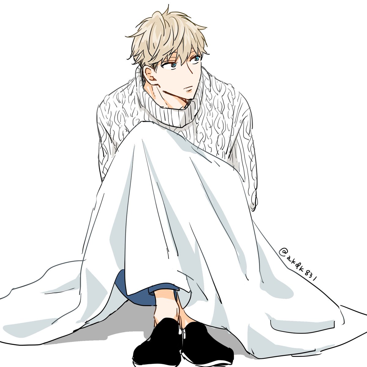 1boy male focus solo blonde hair sweater sitting blue eyes  illustration images