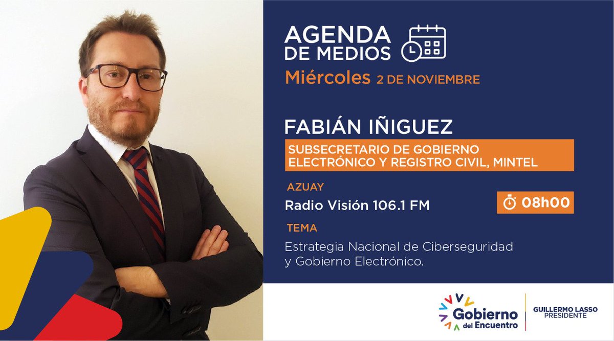 Telecom_Ec's tweet image. #EnMedios | La Estrategia Nacional de Ciberseguridad y los avances en Gobierno Electrónico serán abordados por el subsecretario Fabián Iñiguez @coli6 en @radialvision.

⏰ 08:00
👉 #RadioVisión 106.1 FM
💻 radiovisióncuenca.com

@vmaino
