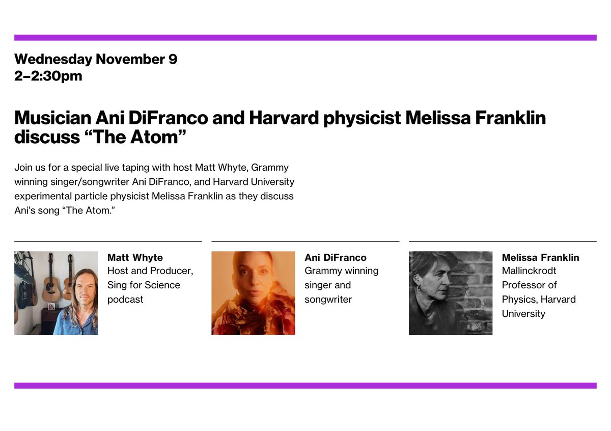 gdefrancis's tweet photo. This is too cool. We’re hosting Matt Whyte of @singforscience interviewing Ani DiFranco and Harvard physicist Melissa Franklin @MITMuseum in a week. Join us! Thanks @mattwhytematt @anidifranco and @harvardphysics for helping us bring collisions of science and art to the public! https://t.co/2VluBjMdAS