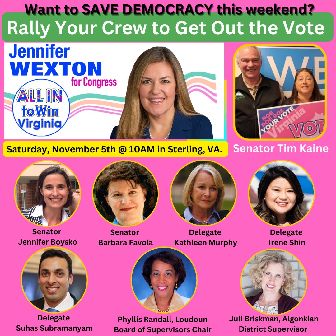 'What did you do to save democracy?' 
You can say: 'I went ALL IN TO WIN'‼️ 🌊🌊
Join us on Nov. 5 at 10 am for @RepWexton w/ @timkaine @JenniferBoysko @BarbaraFavola @kmurphyva @ireneshintweets @SuhasforVA @PRandallcares @julibriskman 
Sign up at tinyurl.com/385hdhtv