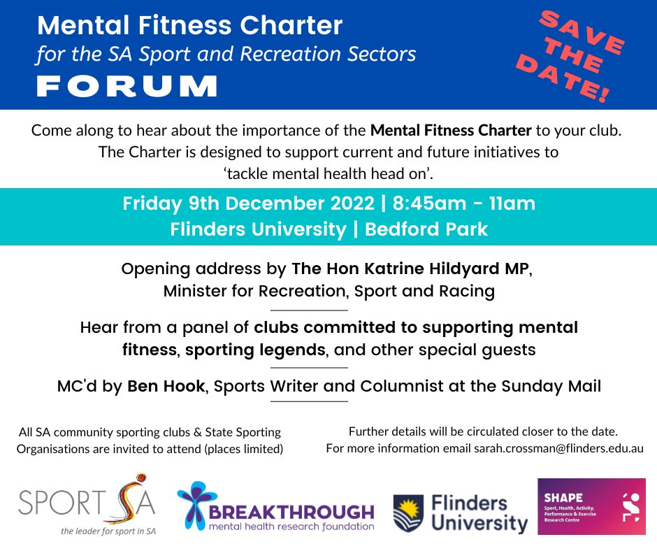 SHAPE Research (@shaperesearch) on Twitter photo It's time to talk about mental fitness in community sport. <a href="/LeaderSportSA/">Sport SA</a> and <a href="/Flinders/">Flinders University</a>'s <a href="/ShapeResearch/">SHAPE Research</a> Centre are launching the Mental Fitness Charter for the South Australian sport and recreation sector. Make sure your club/organisation attends this important event. It's time to talk about mental fitness in community sport. <a href="/LeaderSportSA/">Sport SA</a> and <a href="/Flinders/">Flinders University</a>'s <a href="/ShapeResearch/">SHAPE Research</a> Centre are launching the Mental Fitness Charter for the South Australian sport and recreation sector. Make sure your club/organisation attends this important event.