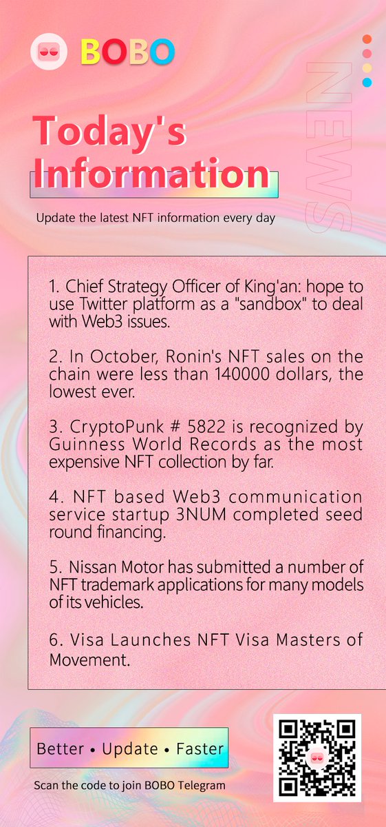 BOBO_INFO1's tweet photo. Today's information: Chief Strategy Officer of Coin Security: He hopes to use Twitter as a "sandbox" to deal with Web3 issues;#NFT #BTC https://t.co/Hdy61VMxkW