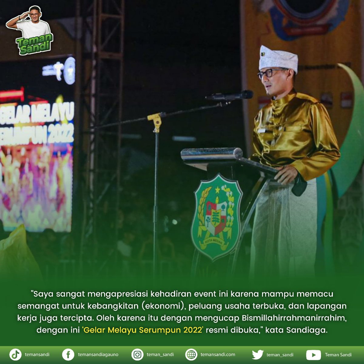teman_sandi's tweet photo. Sandiaga mengungkapkan event ini diharapkan mampu membuka peluang usaha dan lapangan kerja bagi masyarakat Medan dan sekitarnya.

#Temansandi #Sandiagauno #Sandiuno 6 SD Nganggur 3,5 Jt Ngerokok https://t.co/MCxFT6M7sb