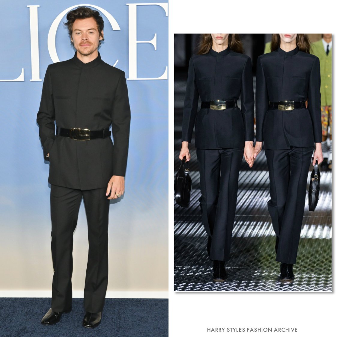 hsfasharchive's tweet photo. Harry wore a black @gucci suit from the Spring 2023 collection, featuring a belted Mandarin collar jacket, straight leg trousers, and black boots for the LA premiere of My Policeman.

https://t.co/MKY4F0mX6X https://t.co/zgnPxAGXBW