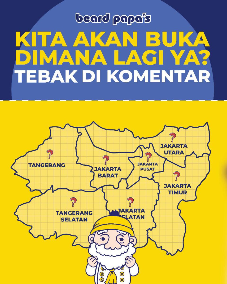 beardpapasid's tweet photo. Kita akan buka dimana lagi ya? 
Coba tebak di kolom komentar yaaa..

#BeardPapas #BeardPapasIndonesia #BeardPapa #CreamPuff #ComingSoon #NewConcept #AllTheWayFromJapan #WorldBestCreamPuff https://t.co/nk8tCSUv3t