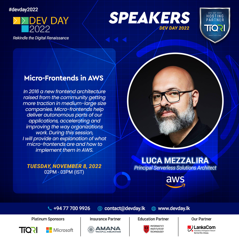 devdaysl's tweet photo. Our guest speaker Luca Mezzalira, Principal Serverless Solutions Architect at AWS will conduct his session on Micro-Frontends in AWS at the Dev Day 2022.

Register NOW for the FREE Event!
https://t.co/sicg7avNFa

#Tiqri #devday2022 #rekindlethedigitalrenaissance #2k22vibes https://t.co/kW9mwiSCqO