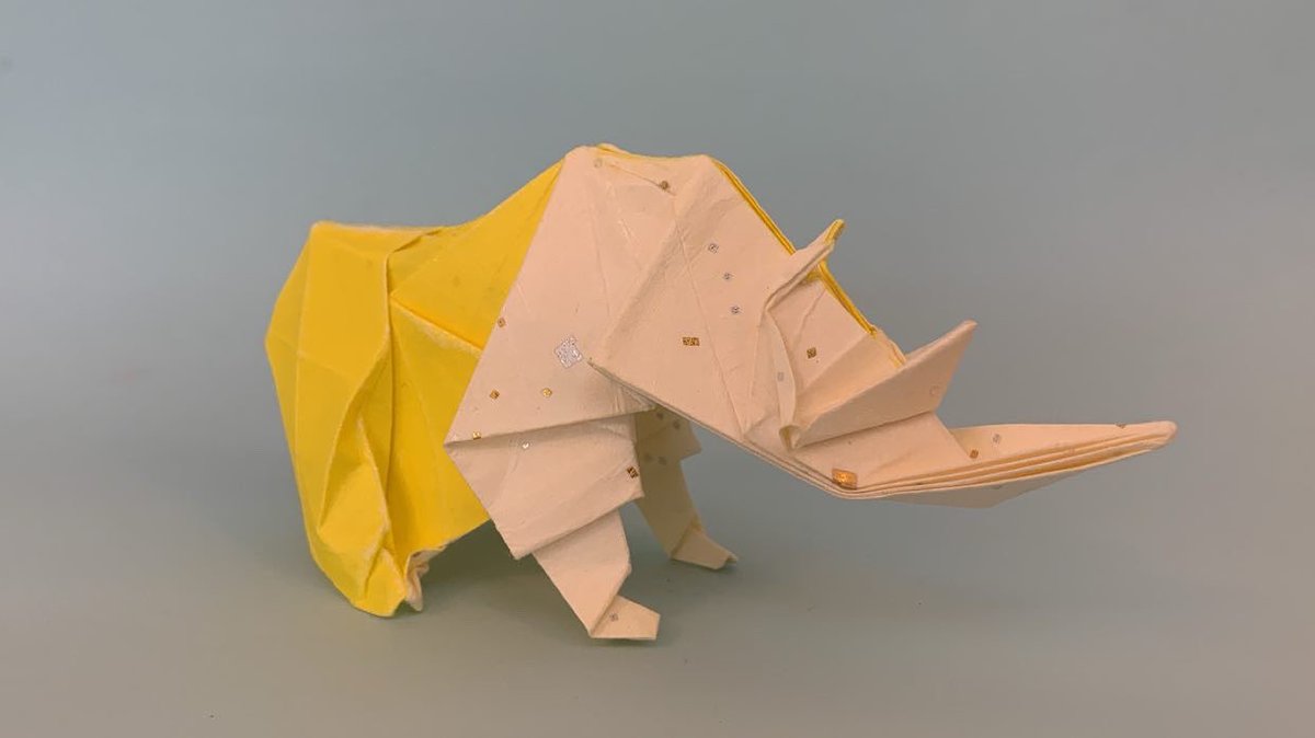sumayaalanazy's tweet photo. Origami Rhinoceros 
作者：Tong Liu 
主人がアルツハイマーという病気になって、看病に疲れた私を救えたのが　このサイ🦏折り、チャレンジし続けおかけですね^ - ^ https://t.co/Dcc0Sdq3be