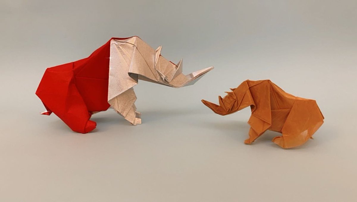 sumayaalanazy's tweet photo. Origami Rhinoceros 
作者：Tong Liu 
主人がアルツハイマーという病気になって、看病に疲れた私を救えたのが　このサイ🦏折り、チャレンジし続けおかけですね^ - ^ https://t.co/Dcc0Sdq3be
