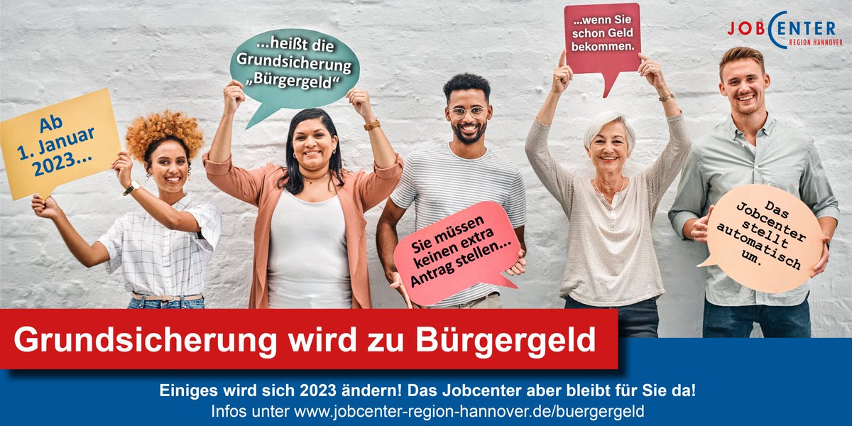 JobcenterH's tweet photo. 📅Ab 1. Januar 2023 soll die #Grundsicherung vom Jobcenter "#Buergergeld"💶 heißen. Im Moment ist das Gesetz noch in Arbeit. 

‼️Wichtig: Wer schon Geldleistungen vom #Jobcenter bezieht, braucht keinen extra Antrag auf Bürgergeld zu stellen. 
https://t.co/moeTFS80Hg https://t.co/e3LE9JMhEA