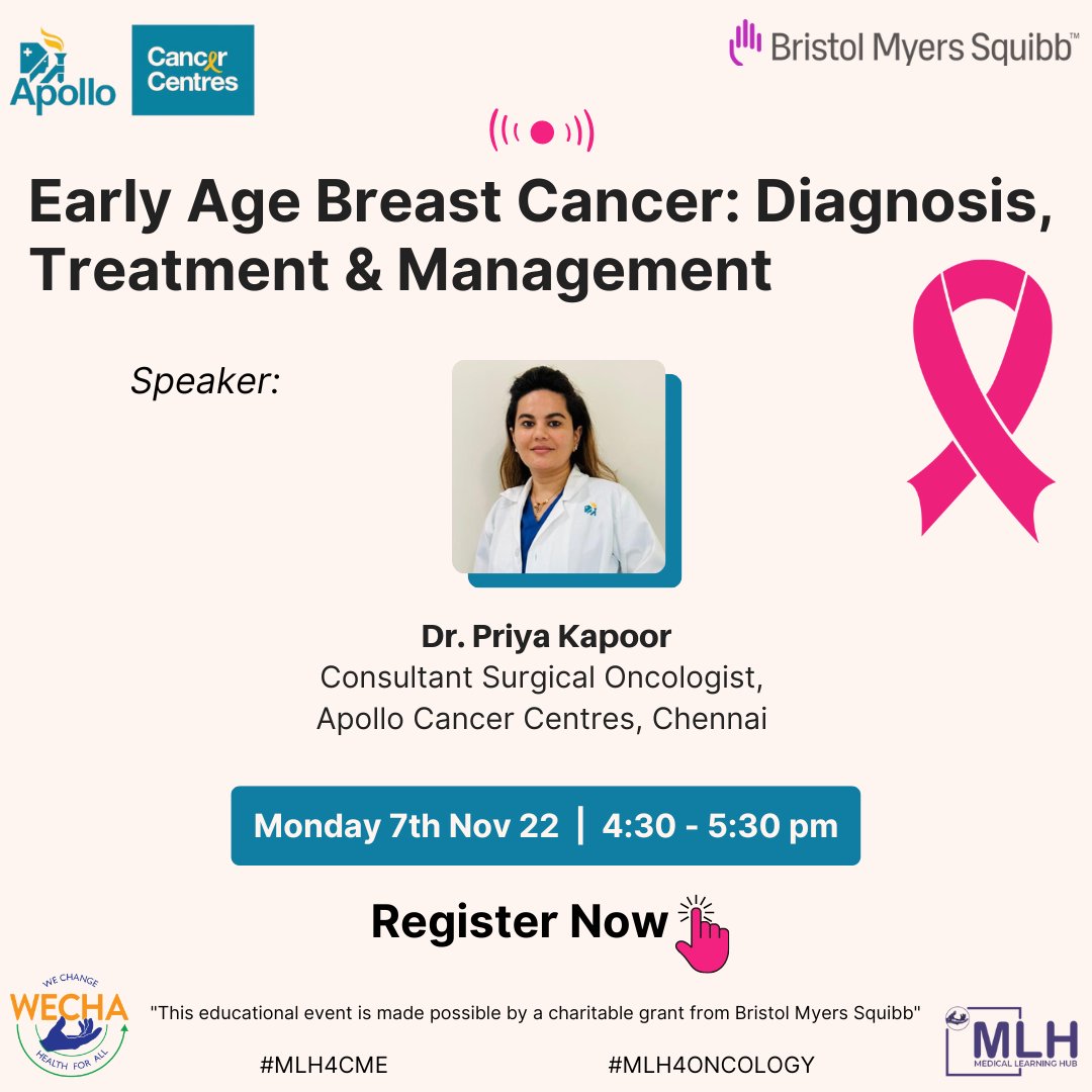 ✅ Please click here to register: bit.ly/3h03x2w

@mlh_tc4a and @Apollo_Chennai welcome you to a live webinar on, “Early Age Breast Cancer: Diagnosis, Treatment & Management”

#OncologyCME #medicaleducation #CME #Onlinemedicaltraining #healthcare #medicallearninghub