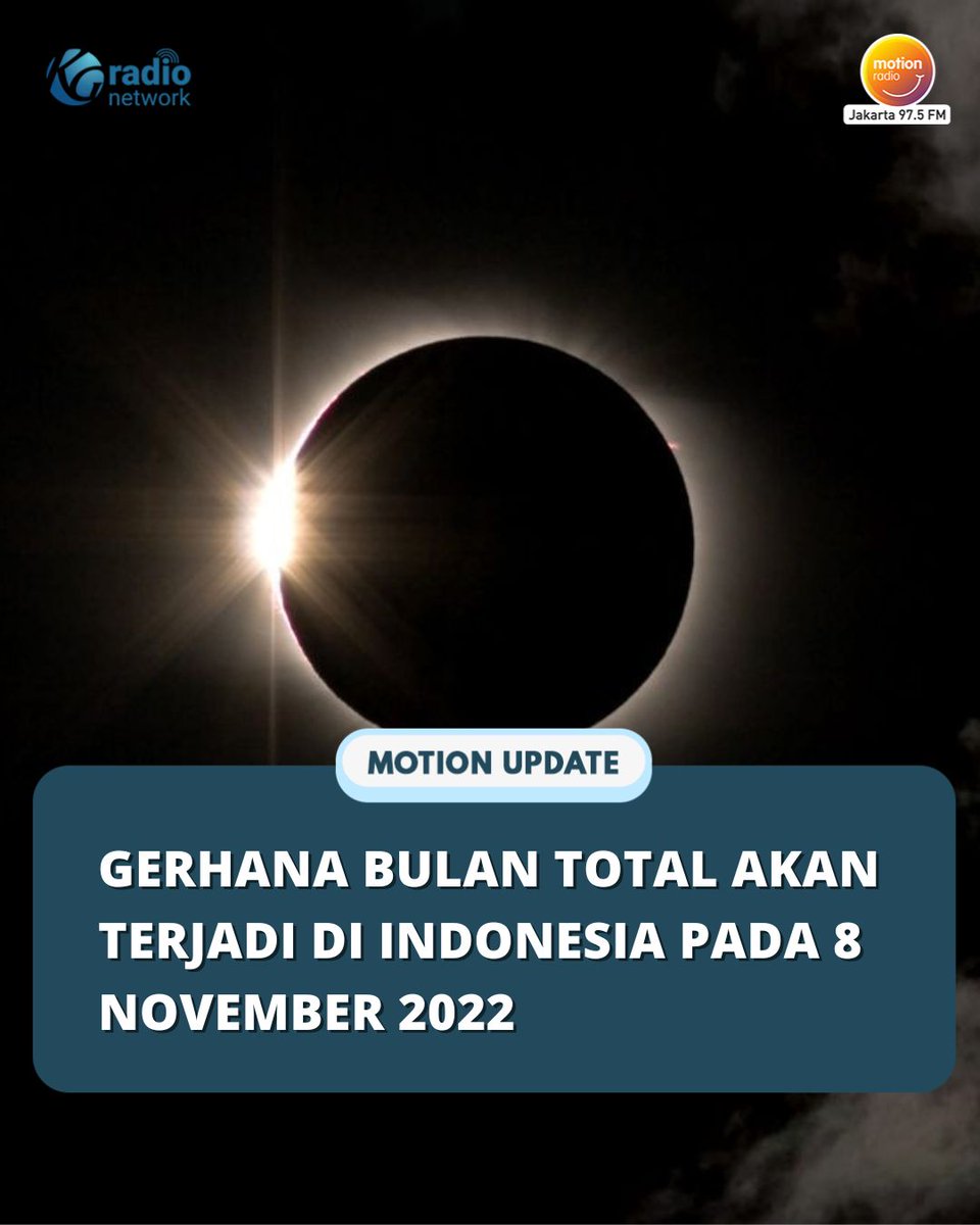 MOTION975FM's tweet image. Wilayah Indonesia bakal terjadi gerhana bulan total pada Selasa 8 November 2022 di seluruh wilayah Indonesia kecuali Aceh, Sumut, Sumbar, dan Bengkulu mulai pukul 18.00 WIB/19.00 WITA/20.00 WIT. Temen Motion, udah siap? 🤩

📃 bit.ly/3fqVkUB

#MotionUpdate #motion975fm