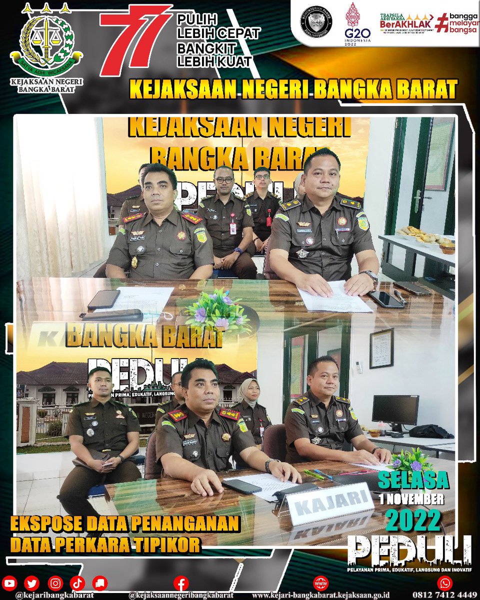 kejaribabar's tweet photo. Selasa, 1 November 2022, Kepala Kejaksaan Negeri Bangka Barat didampingi oleh Kepala Seksi Tindak
Pidana Khusus, Kasubsi Penuntutan dan pegawai menghadiri kegiatan Ekspose dan Update Data Penanganan Perkara Tindak Pidana Khusus secara virtual dari Digital Room Kejari Bangka Barat https://t.co/fkmLdVbVgh