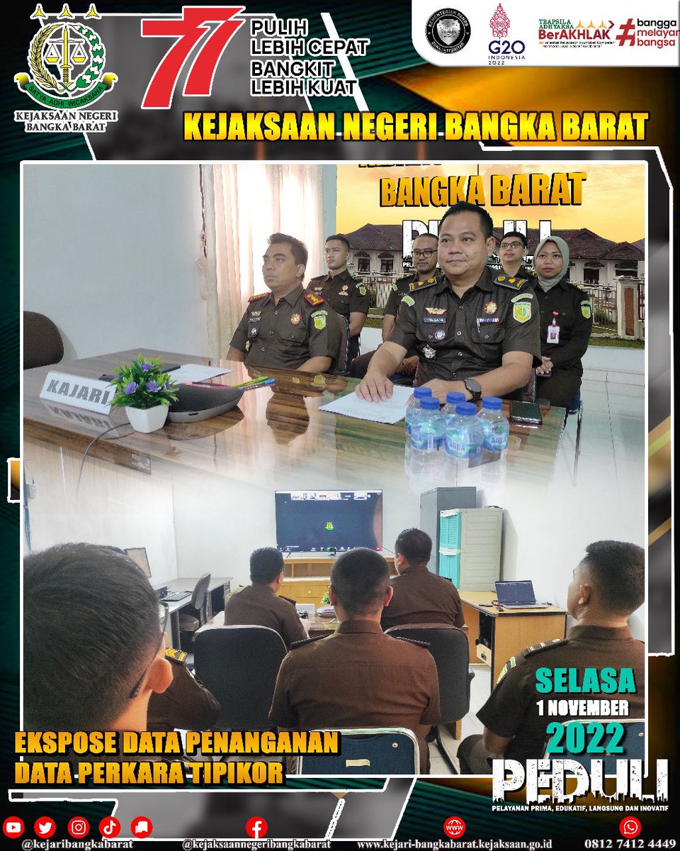 kejaribabar's tweet photo. Selasa, 1 November 2022, Kepala Kejaksaan Negeri Bangka Barat didampingi oleh Kepala Seksi Tindak
Pidana Khusus, Kasubsi Penuntutan dan pegawai menghadiri kegiatan Ekspose dan Update Data Penanganan Perkara Tindak Pidana Khusus secara virtual dari Digital Room Kejari Bangka Barat https://t.co/fkmLdVbVgh