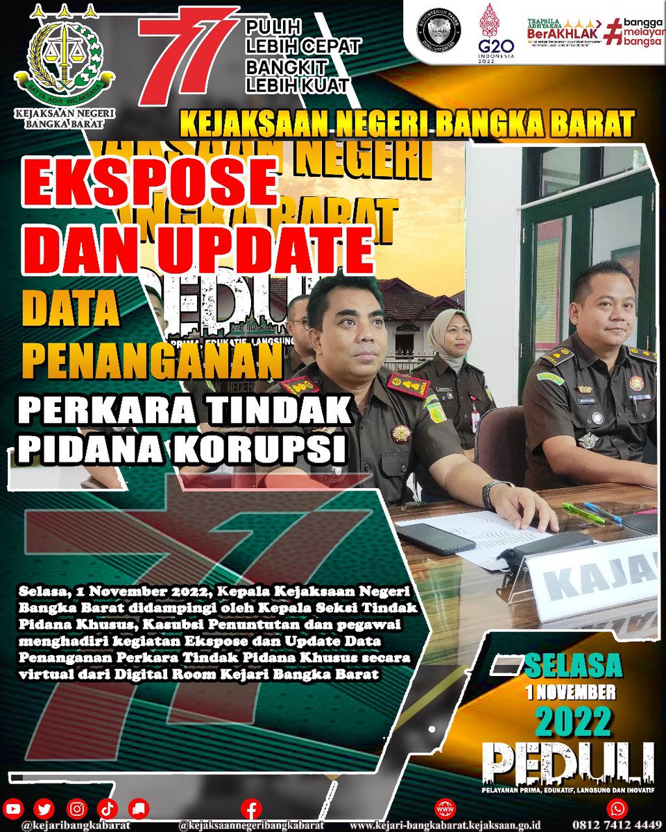 kejaribabar's tweet photo. Selasa, 1 November 2022, Kepala Kejaksaan Negeri Bangka Barat didampingi oleh Kepala Seksi Tindak
Pidana Khusus, Kasubsi Penuntutan dan pegawai menghadiri kegiatan Ekspose dan Update Data Penanganan Perkara Tindak Pidana Khusus secara virtual dari Digital Room Kejari Bangka Barat https://t.co/fkmLdVbVgh