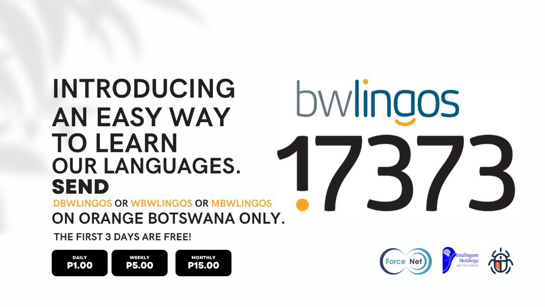 We’re thrilled to share our new Premium SMS service #bwlingos #17373

A fun, learn-as you go app for Botswana languages. It features Setswana, Kalanga, Sekgalagadi, Subiya and more. Send dbwlingos or wbwlingos or mbwlingos to 17373 to subscribe. The first 3 days are free.