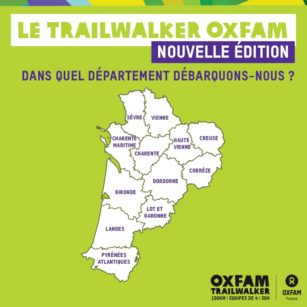 🚨#TrailwalkerOxfam 2️⃣0️⃣2️⃣3️⃣🚨

Vous étiez plus de 40% à penser que le prochain <a href="/Trailwalker_FR/">Trailwalker Oxfam</a> se déroulerait en Bretagne 😉 Mais c’est bien en <a href="/NvelleAquitaine/">Nouvelle-Aquitaine</a> que nous découvrirons un nouveau parcours 💚 

Reste une question, où en Nouvelle Aquitaine ? À vos commentaires ⤵️