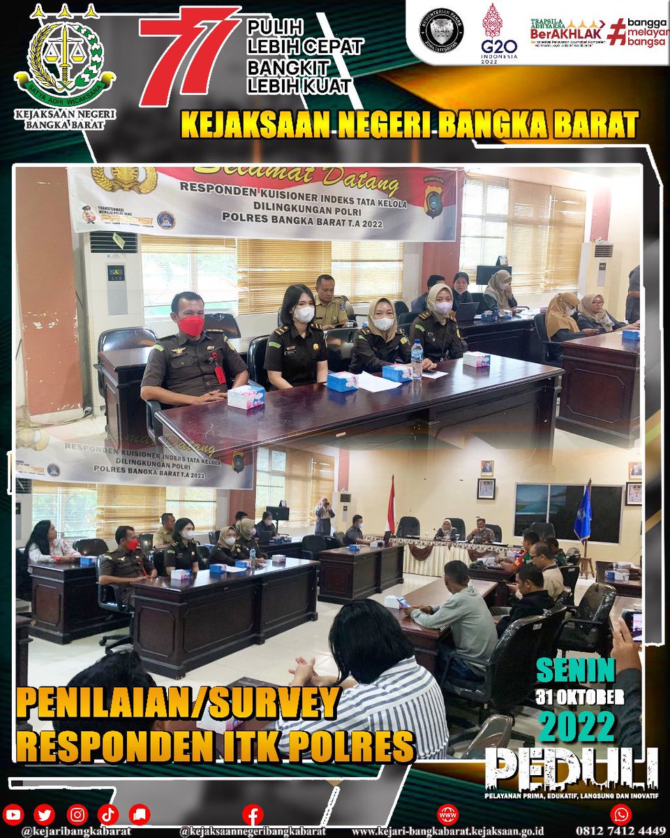 kejaribabar's tweet photo. Senin,31 Oktober 2022, Jaksa Fungsiona; kejari Bangka Barat, didampingi para pegawai menghadiri kegiatan Penilaian/Survey terhadap Indek Tata Kelola Polres Bangka Barat Tahun Anggaran 2022 di Ruang OR II Setda Kabupaten Bangka Barat #KejaksaanRI https://t.co/0CfCtYlXGM