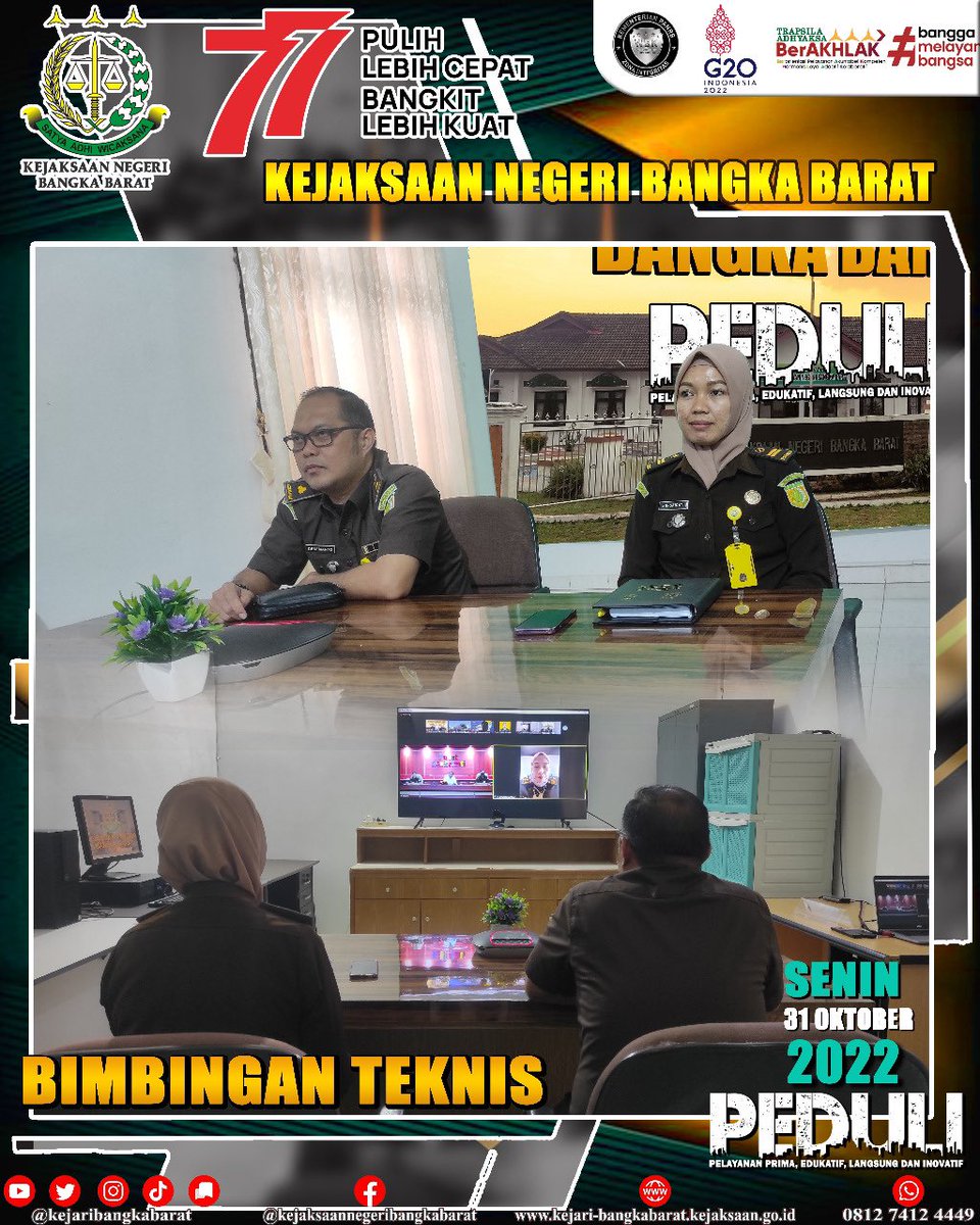 kejaribabar's tweet photo. Senin,31 Oktober 2022, Kepala Sub Bagian Pembinaan didampingi oleh pegawai mengikuti kegiatan bimbingan teknis penyusunan rencana laporan survey kepuasan masyarakat (SKM) secara virtual dari digital room Kejari Bangka Barat #KejaksaanRI https://t.co/te4pMwezl8