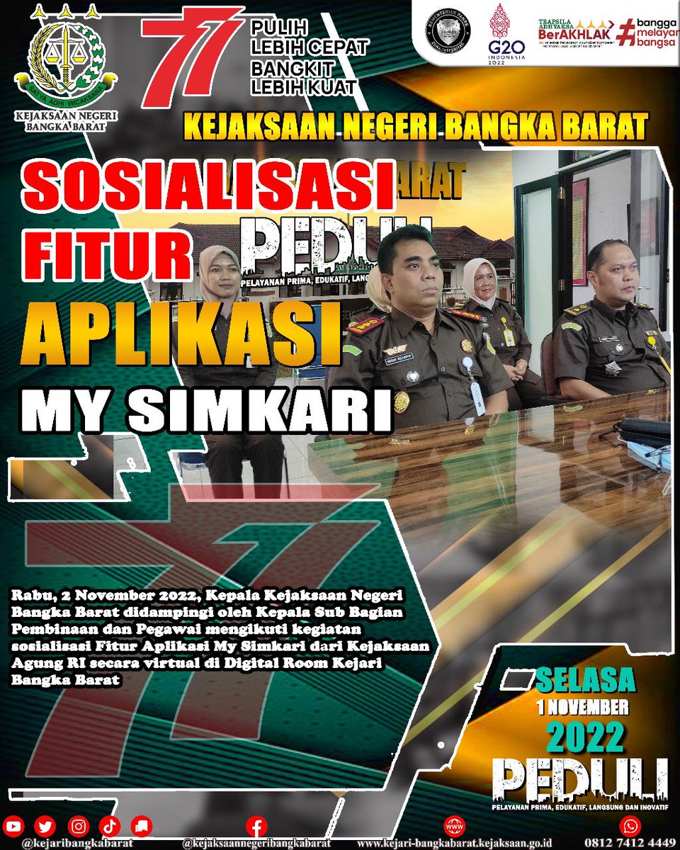 kejaribabar's tweet photo. Rabu, 2 November 2022, Kepala Kejaksaan Negeri Bangka Barat didampingi oleh Kepala Sub Bagian
Pembinaan dan Pegawai mengikuti kegiatan sosialisasi Fitur Aplikasi My Simkari dari Kejaksaan Agung RI secara virtual di Digital Room Kejari
Bangka Barat https://t.co/JrHPHhhdl1