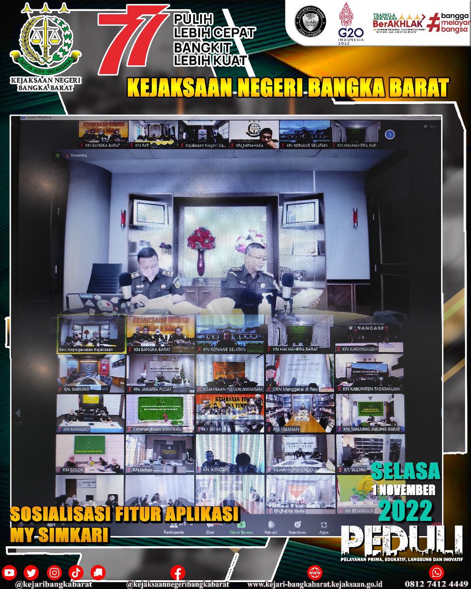 kejaribabar's tweet photo. Rabu, 2 November 2022, Kepala Kejaksaan Negeri Bangka Barat didampingi oleh Kepala Sub Bagian
Pembinaan dan Pegawai mengikuti kegiatan sosialisasi Fitur Aplikasi My Simkari dari Kejaksaan Agung RI secara virtual di Digital Room Kejari
Bangka Barat https://t.co/JrHPHhhdl1
