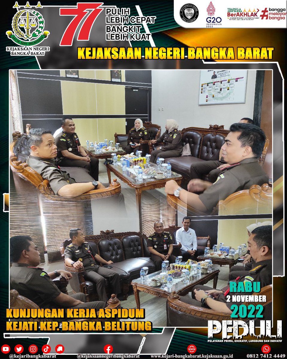 kejaribabar's tweet photo. Rabu, 2 November 2022, Kepala Kejaksaan Negeri Bangka Barat didampingi oleh Kepala Seksi Bidang
Tindak Pidana Umum dan Plt Kasi Intelijen menerima kunjungan kerja dari Asisten Bidang Tindak Pidana Umum Pada Kejaksaan Tinggi Kepulauan Bangka Belitung …… https://t.co/NgBSF8fwTV