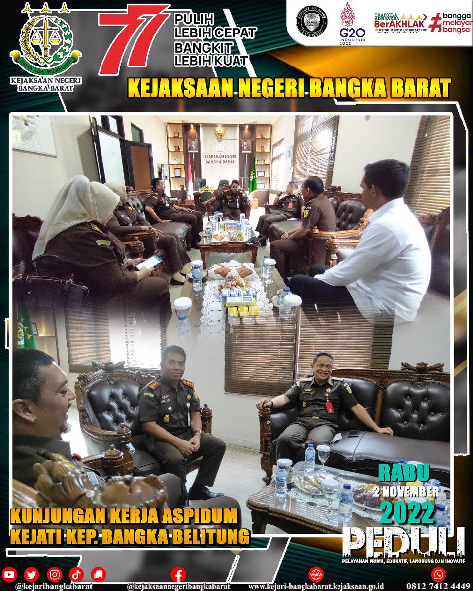 kejaribabar's tweet photo. Rabu, 2 November 2022, Kepala Kejaksaan Negeri Bangka Barat didampingi oleh Kepala Seksi Bidang
Tindak Pidana Umum dan Plt Kasi Intelijen menerima kunjungan kerja dari Asisten Bidang Tindak Pidana Umum Pada Kejaksaan Tinggi Kepulauan Bangka Belitung …… https://t.co/NgBSF8fwTV