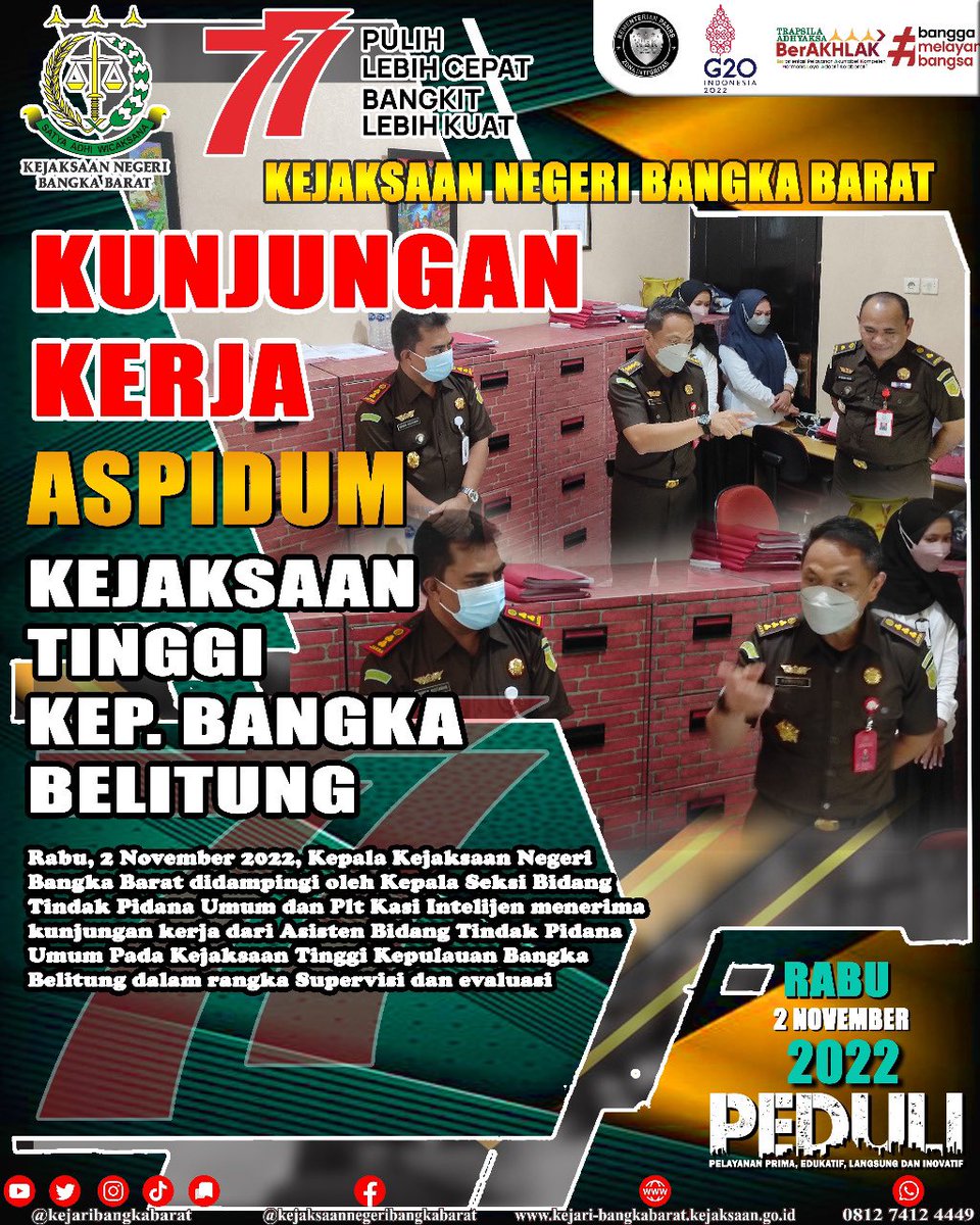kejaribabar's tweet photo. Rabu, 2 November 2022, Kepala Kejaksaan Negeri Bangka Barat didampingi oleh Kepala Seksi Bidang
Tindak Pidana Umum dan Plt Kasi Intelijen menerima kunjungan kerja dari Asisten Bidang Tindak Pidana Umum Pada Kejaksaan Tinggi Kepulauan Bangka Belitung …… https://t.co/NgBSF8fwTV
